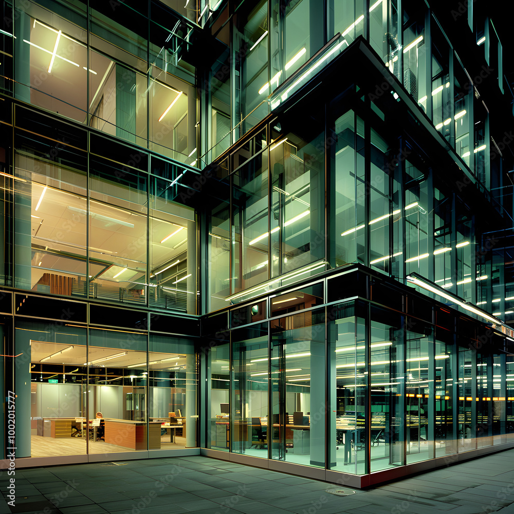 Modern office building showing corporate business life at night Modern office building showing corporate business life at night