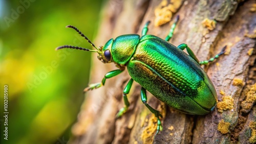 Shimmering green beetle on tree bark in natural setting, nature, beetle, insect, tree, bark, green, shimmering, beautiful