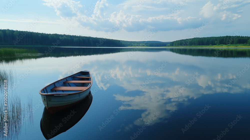 A serene lake scene with a solitary boat floating, reflecting clouds and surrounded by lush greenery under a bright sky. A serene lake scene with a solitary boat floating, reflecting clouds and surrounded by lush greenery under a bright sky.