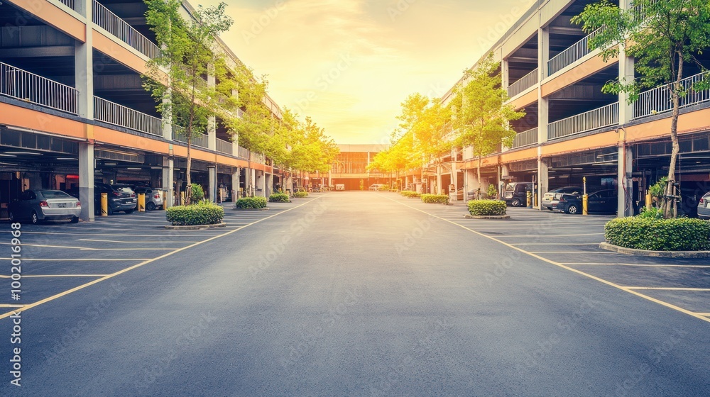 Obraz premium A serene parking lot with trees and sunset light, creating a calm atmosphere.