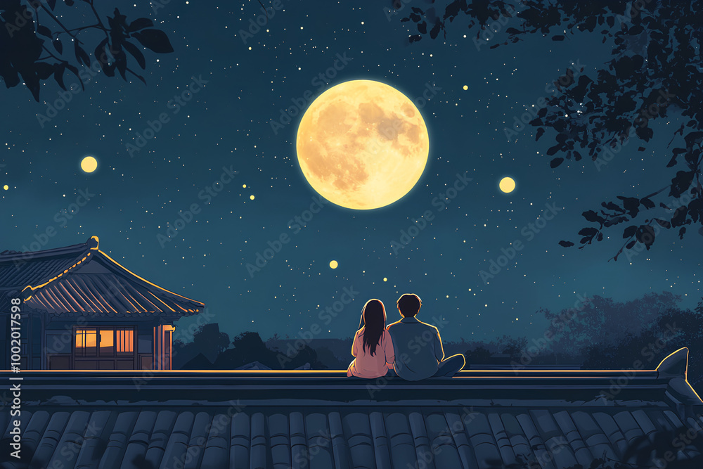 Happy Chuseok Background illustration. A couple sitting on roof ,watching the moon under night sky Happy Chuseok Background illustration. A couple sitting on roof ,watching the moon under night sky
