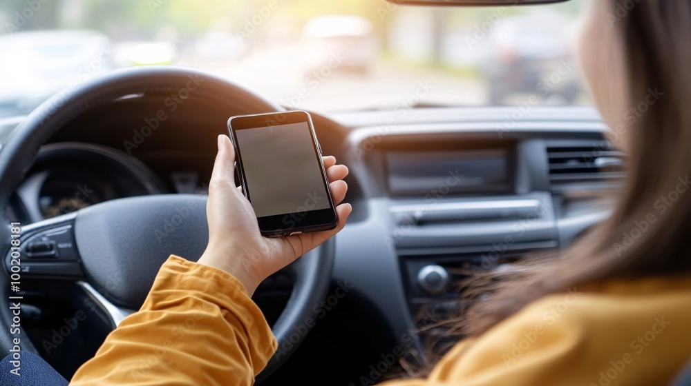 Driver holding a smartphone in one hand while steering the car with the other indicating distraction and danger Large space for text in center Stock Photo with copy space Driver holding a smartphone in one hand while steering the car with the other indicating distraction and danger Large space for text in center Stock Photo with copy space