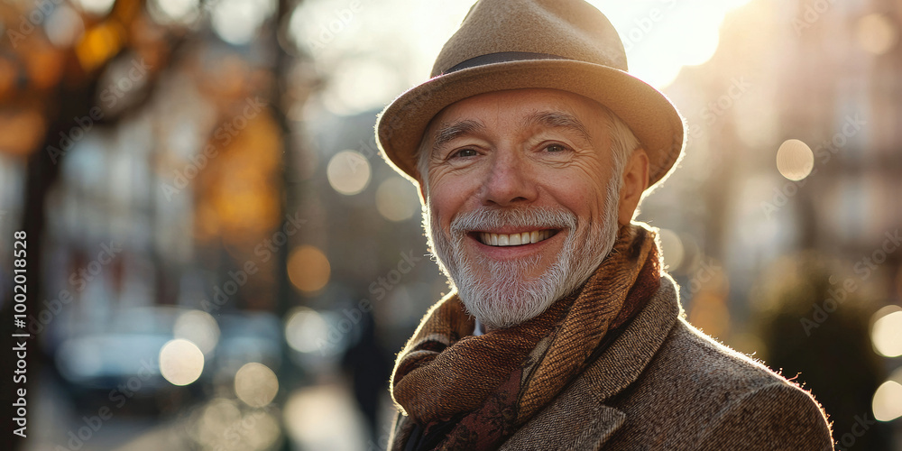 A smiling senior man dressed in an elegant and modern style, generative AI A smiling senior man dressed in an elegant and modern style, generative AI