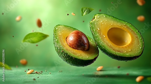 A single avocado split in half, floating in mid-air with the seed hovering between the halves, isolated on a soft green background. Subtle shadows and highlights create a sense of depth and realism,