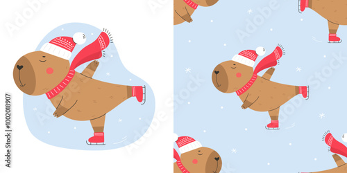 Seamless vector pattern with ice skating capybara