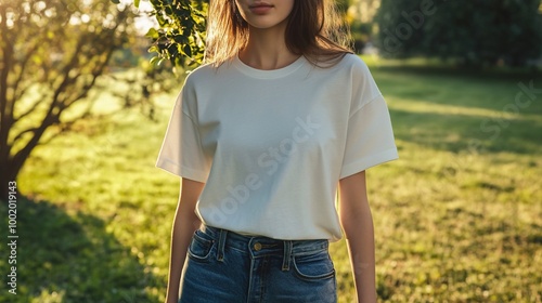 Woman in a white t-shirt and jeans standing in a park.