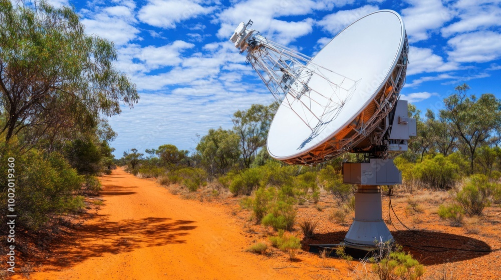 A satellite dish stands beside a dirt road in a remote, arid landscape under a blue sky. A satellite dish stands beside a dirt road in a remote, arid landscape under a blue sky.