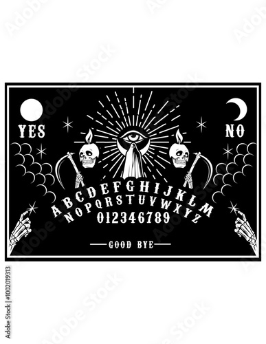 Ouija Board | Spiritualism | Horror Board | Game of the Dead | Spirit of the Glass | Halloween | Scary Board | Skull Head | Original Illustration | Vector and Clipart | Cutfile and Stencil