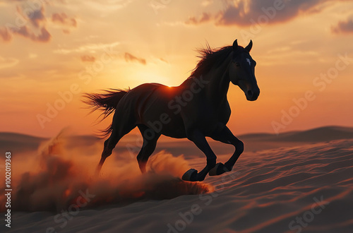 A black horse with a flowing mane galloping through the desert