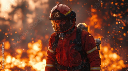 Firefighter battling wildfires amid raging flames in a dense forest during sunset hours