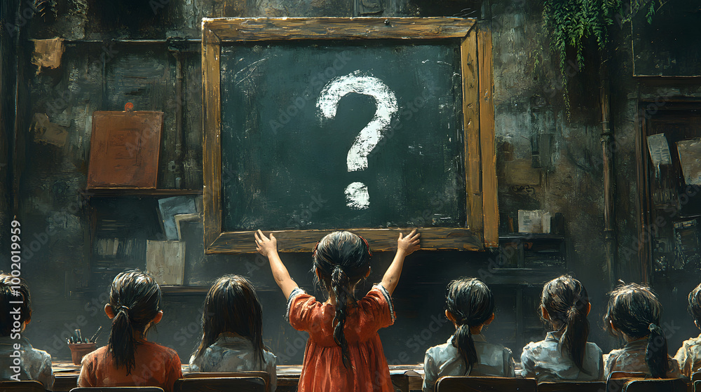 A Child Holds Up an Empty Sign with a Question Mark Symbolizing Curiosity
A Child Holds Up an Empty Sign with a Question Mark Symbolizing Curiosity