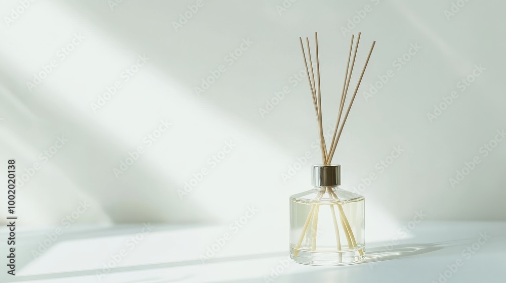 Aromatic diffuser with wooden sticks on a Aromatic diffuser with wooden sticks on a