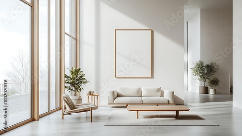 A large minimalist living room with sleek  modern decor  a single framed artwork on the wall  natural light entering from large windows  neutral tones  clean lines 