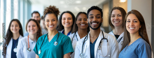 Group of young doctors, students and medical residents standing with their team in hospital hall