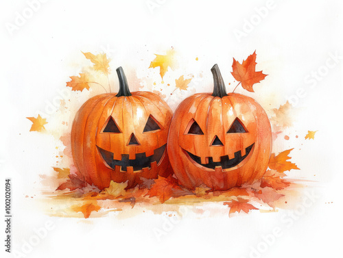 Two smiling watercolor jack-o-lantern pumpkins with red and orange fall leaves isolated on white background.