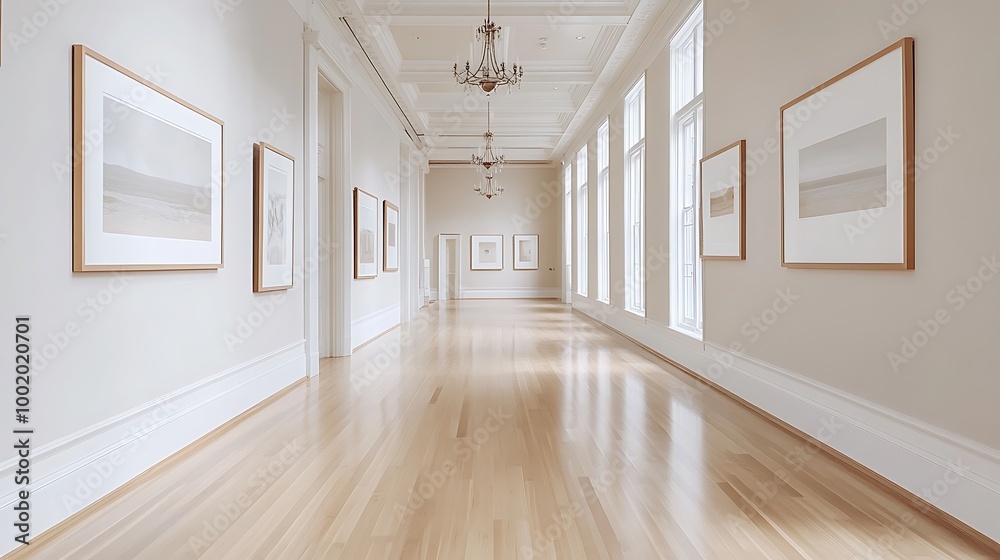 Fototapeta premium A long, elegant hallway with framed artwork displayed on the walls, sleek wooden floors reflecting soft ambient light, high ceilings with classic chandeliers,