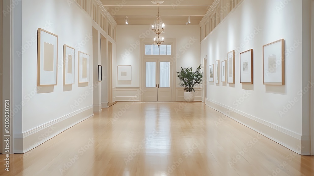 Obraz premium A long, elegant hallway with framed artwork displayed on the walls, sleek wooden floors reflecting soft ambient light, high ceilings with classic chandeliers,