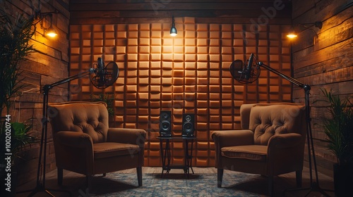 A cozy podcast studio with two chairs facing each other  each equipped with a sleek microphone and pop filter. The background has acoustic panels in neutral colors  creating a perfect setting