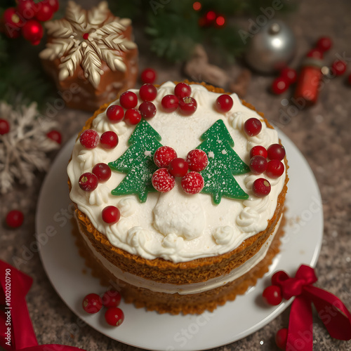 Delicioso pastel con una textura cremosa y un estilo decorativo navideño. photo