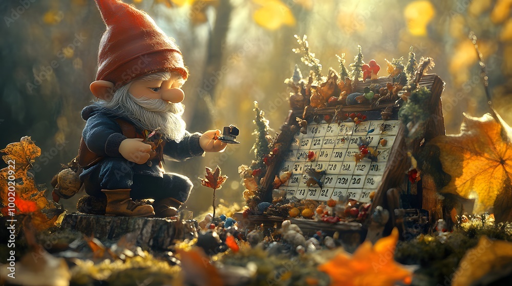 Autumn Gnome's Calendar: A whimsical garden gnome meticulously crafts his autumnal calendar amidst a vibrant fall foliage scene, surrounded by miniature woodland creatures. Autumn Gnome's Calendar: A whimsical garden gnome meticulously crafts his autumnal calendar amidst a vibrant fall foliage scene, surrounded by miniature woodland creatures.