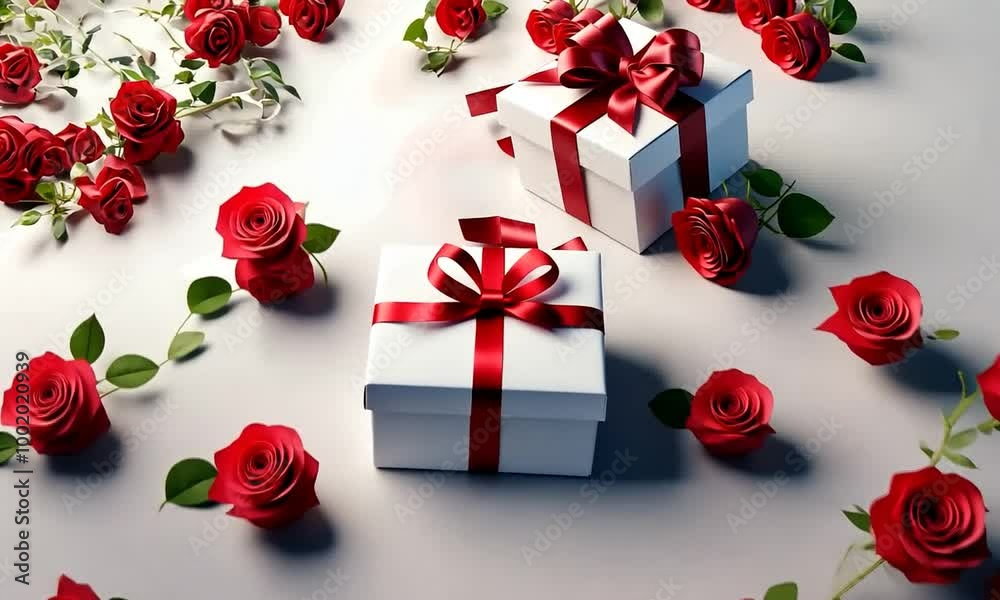 Paquets cadeaux blancs avec un nœud rouge en bolduc, entourés de roses rouges sur fond blanc,  célébrations romantiques comme la Saint-Valentin ou un mariage