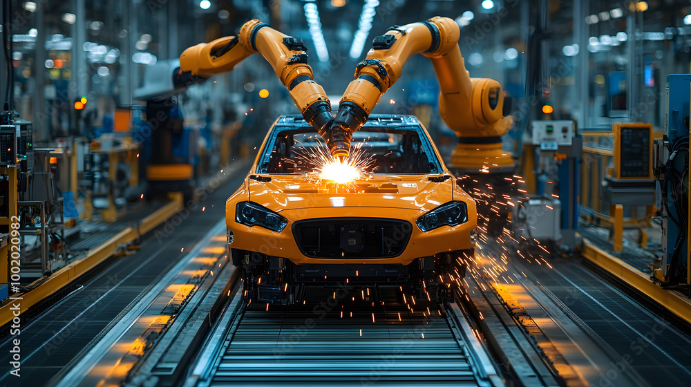 A Robotic Arm is Welding the Body of an Electric Car in a Modern Factory
A Robotic Arm is Welding the Body of an Electric Car in a Modern Factory