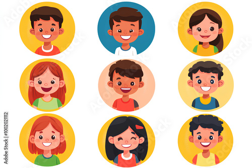 Happy kids avatars. Cute children smiling, boy girl in rounds set. Illustration girl and boy avatar, happy kids, child happiness