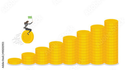 A businesswoman holds a green flag and riding on a banknote forward to money stacks bar chart up, business progress, financial success, target goal in a growing economy with investment and leadership