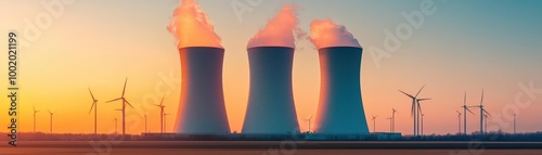 A sleek, eco-friendly nuclear facility emitting blue light, seamlessly integrated into a sustainable energy system alongside renewable sources like wind and solar
