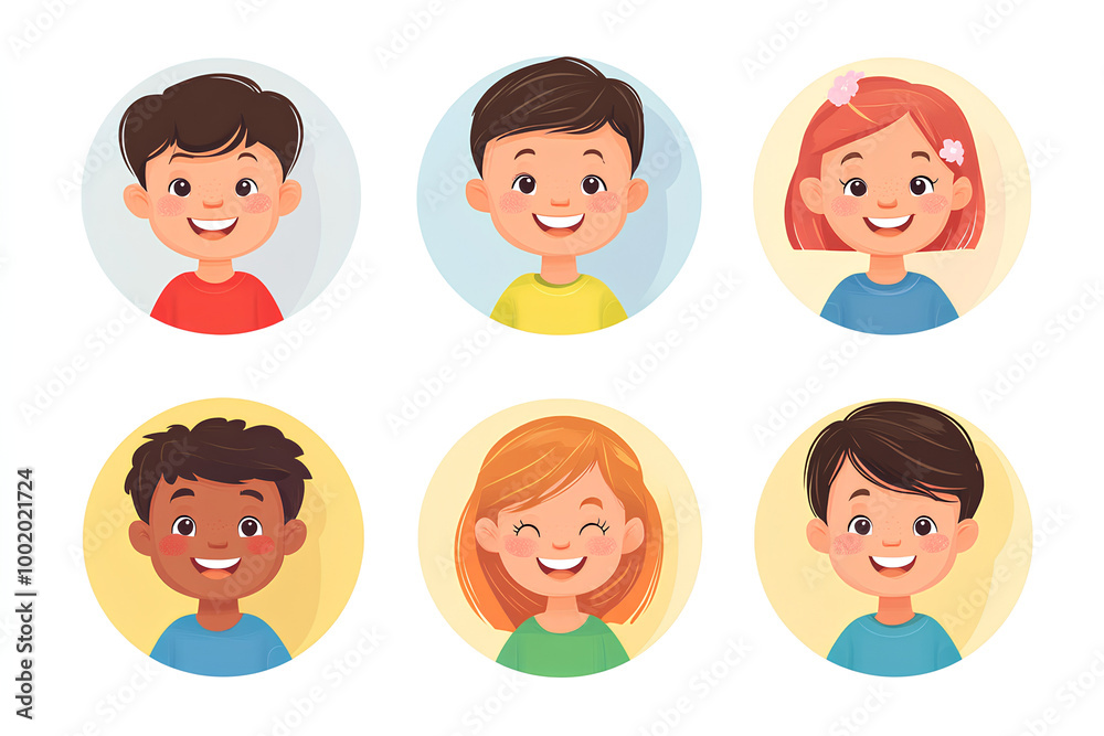 Happy kids avatars. Cute children smiling, boy girl in rounds set. Illustration girl and boy avatar, happy kids, child happiness Happy kids avatars. Cute children smiling, boy girl in rounds set. Illustration girl and boy avatar, happy kids, child happiness
