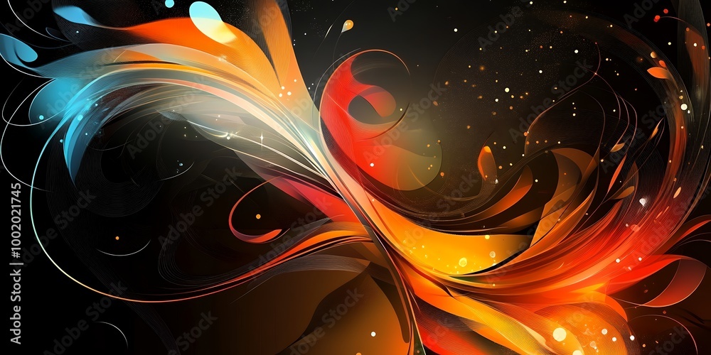 Abstract swirling design in shades of orange, red, and blue against a black background. Abstract swirling design in shades of orange, red, and blue against a black background.