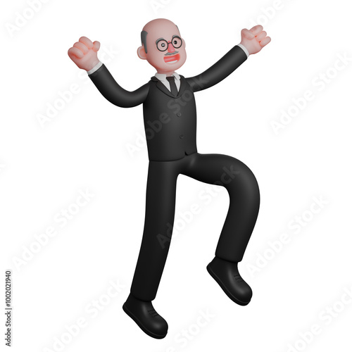 Animated Professional Judge. A male judge looks like he is jumping with his left leg slightly raised and both hands raised upwards, as if celebrating success. 3D Male