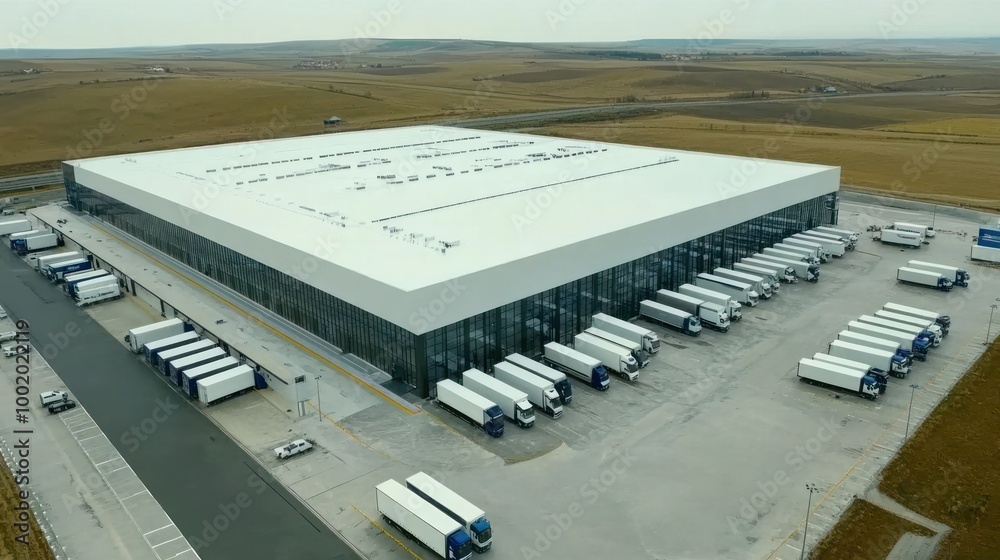 A large logistics warehouse surrounded by trucks in a rural landscape. A large logistics warehouse surrounded by trucks in a rural landscape.