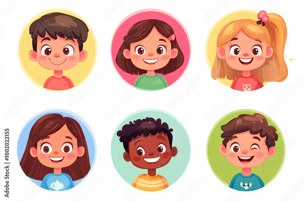 Happy kids avatars. Cute children smiling, boy girl in rounds set. Illustration girl and boy avatar, happy kids, child happiness Happy kids avatars. Cute children smiling, boy girl in rounds set. Illustration girl and boy avatar, happy kids, child happiness