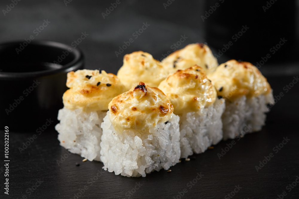 Gourmet Baked Sushi Roll with Cheese Mousse on Top – Elegant Food Photography Gourmet Baked Sushi Roll with Cheese Mousse on Top – Elegant Food Photography