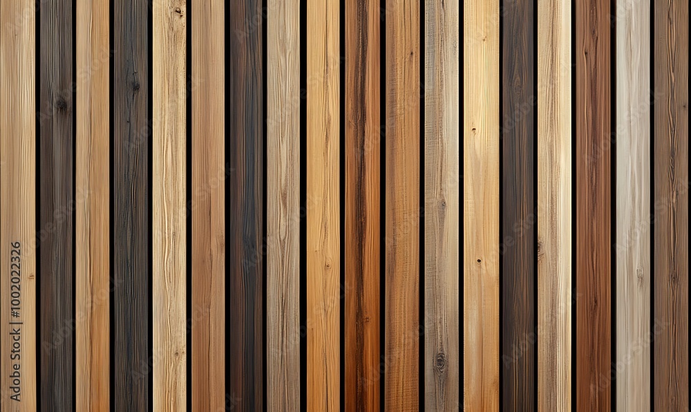  Wooden wall made of vertical panels. Line slats made of wood for a modern interior. Timber planks for cladding facades or fences. Material for cladding in construction. 