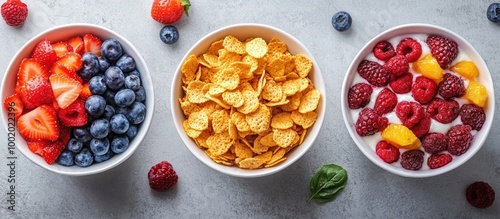 A bowl of cereal, yogurt with raspberries and peach, and a bowl of strawberries and blueberries.