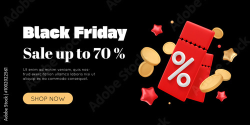 Black friday banner with 3D coupon. Red voucher with percent sign, floating cash and inflated stars. Marketing background, promo advertising template. Discount cartoon elements. Vector illustration.