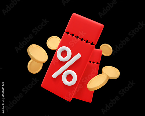 Red 3d voucher with coins. Sale ticket with percent sign, lucky label with floating money. Black friday promotion element. Discount coupon in plastic style. Vector illustration. Retail offer.