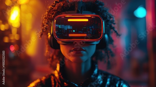 A young person wearing a futuristic VR headset experiences virtual reality in a vibrant, illuminated environment at night photo