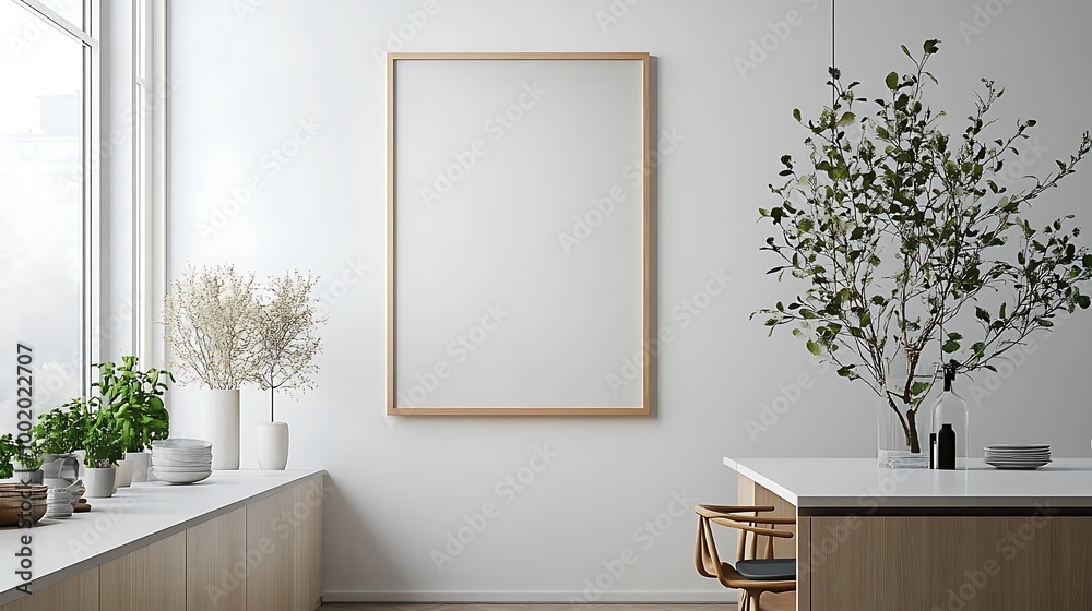 A minimalist kitchen featuring a large framed artwork on a plain white wall, clean countertops, sleek cabinetry, and soft natural light coming from a nearby window, A minimalist kitchen featuring a large framed artwork on a plain white wall, clean countertops, sleek cabinetry, and soft natural light coming from a nearby window,