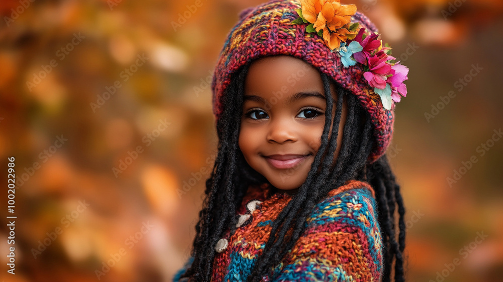 Autumn vives cute little black girl wearing comfy sweater and knitted cap, smiling at the camera Autumn vives cute little black girl wearing comfy sweater and knitted cap, smiling at the camera