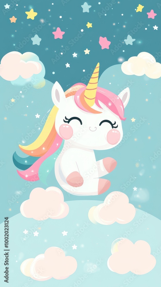 A cheerful unicorn prances in a serene pastel sky, surrounded by fluffy clouds and sparkling stars A cheerful unicorn prances in a serene pastel sky, surrounded by fluffy clouds and sparkling stars