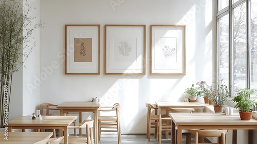 A minimalist restaurant interior with wooden furniture  framed artwork on white walls  soft natural light filtering through large windows  potted plants adding greenery 