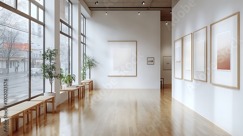 A modern art gallery with a series of framed posters hung on pristine white walls, polished wooden floors reflecting soft ambient lighting, clean and simple decor,