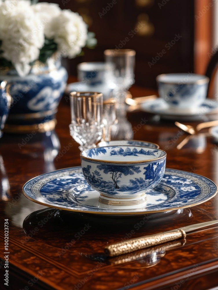A beautifully set table featuring elegant blue and white china, crystal glassware, and decorative floral arrangements, showcasing a sophisticated dining experience. A beautifully set table featuring elegant blue and white china, crystal glassware, and decorative floral arrangements, showcasing a sophisticated dining experience.
