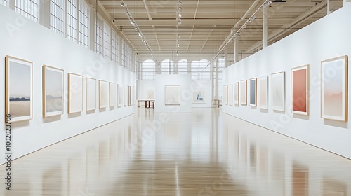 A modern art gallery with framed posters arranged in perfect symmetry on white walls  large polished floors  soft neutral lighting creating a serene atmosphere 