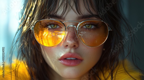 Young woman with striking green eyes and orange sunglasses poses against a brightly lit background in a cozy indoor setting