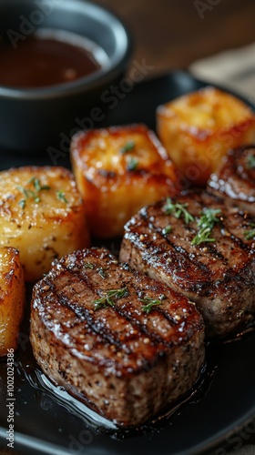 Grilled steak medallions served with caramelized potatoes and dipping sauce on a rustic wooden table