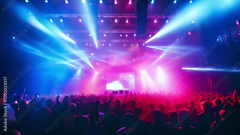 Concert hall is crowded with fans enjoying a music show with their hands in the air while bright spotlights light up the stage Concert hall is crowded with fans enjoying a music show with their hands in the air while bright spotlights light up the stage